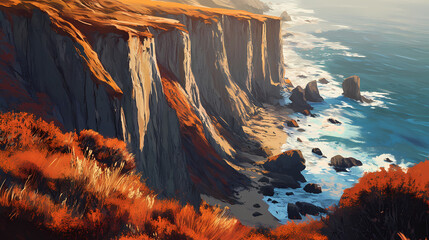 Wall Mural - Golden light dances on rust-hued cliffs, casting long shadows as chaparral and coastal sagebrush burst with vibrant color, set against a serene ocean backdrop. Ocean Falls. Illustration