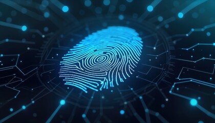 Poster - Modern biometric fingerprint verification tech displayed on dark background. Digital fingerprint pattern shows intricate details. Secure tech solution for access, data protection visualized with