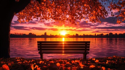 Wall Mural - Serene sunset view from a park bench under vibrant autumn leaves by a tranquil lake