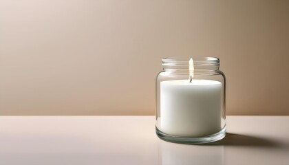 Poster - Soft Glow of a White Candle Inside a Glass Jar Illuminating a Tranquil Space