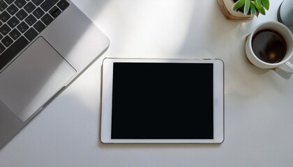 Aufkleber - Minimalist Workspace Featuring a Tablet on a Clean Desk Beside a Laptop and Coffee