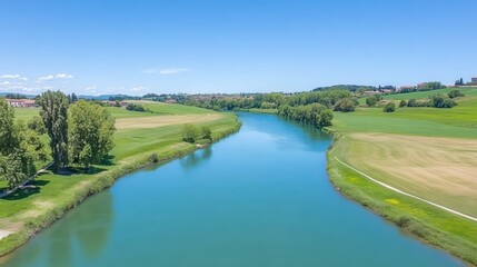 Wall Mural - Scenic aerial view of serene river bending through lush green countryside on a clear day