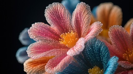 Poster - Abstract close-up of iridescent flowers with a black background creating a striking contrast