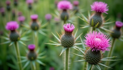 Closeup view of vibrant pink Marian thistle blossoms in field garden. Flowering plants stand tall with spiky green stems, prickly leaves. Nature scene beautiful wildflowers in full bloom. Focus on