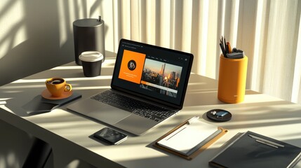 Poster - A clean desk setup with a laptop displaying a video conferencing app, surrounded by stationery and coffee.