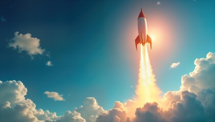 Poster - Rocket ascends sky. Launch into cloud formation. Innovative design concept. Future tech. Inspiration for startups. Creative idea. New innovation concept. Aspiration for success. Achievement