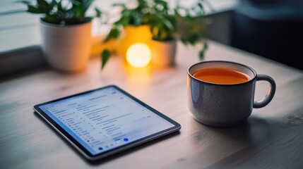 Poster - A clean teleworking desk with a cup of tea and a tablet showing collaborative work files.