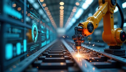 Poster - Automated robotic arm in factory welds steel components. Sparks illuminate industrial work area. Modern manufacturing process showcased. AI-powered system operating. Precision work done by machine.