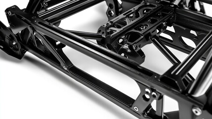 Poster - A detailed view of a robotic arm welding the undercarriage of a vehicle frame.