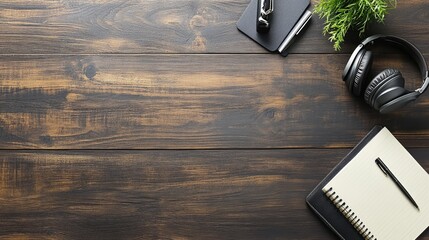 Poster - A flat lay of customer service tools headphones, a notepad, and a pen on a wooden desk.