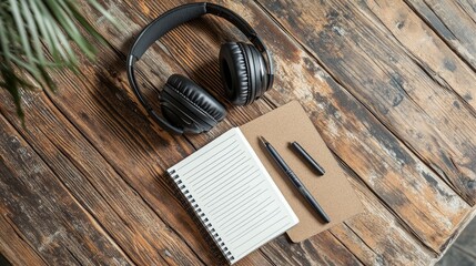 Poster - A flat lay of customer service tools headphones, a notepad, and a pen on a wooden desk.