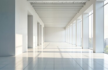Poster - Empty modern hall with white walls, floor. Large windows let in natural light creating shadows on tiled floor. Spacious interior space shows off clean lines, futuristic style. Perspective creates