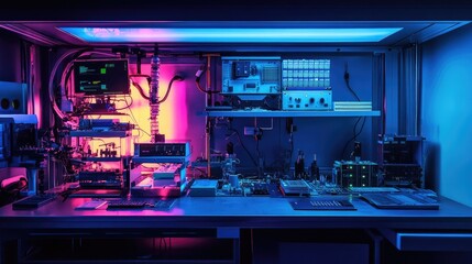 Poster - A high-tech laboratory bench with oscilloscopes, signal analyzers, and prototype circuit boards.