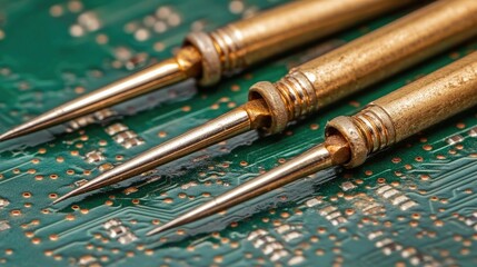 Poster - A macro shot of solder joints on a green circuit board with a clean finish.