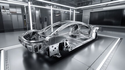 Poster - A modern automotive assembly line producing lightweight aluminum car frames.