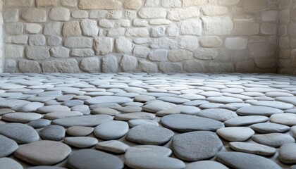 Poster - Natural stones form a unique floor in a bright room with textured stone walls