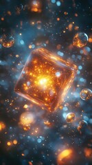 Poster - Glowing Cube and Spheres Floating in a Space Background with Warm Light