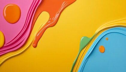 Poster - Bright colors of paint swirl and drip on a vivid yellow surface showcasing creativity