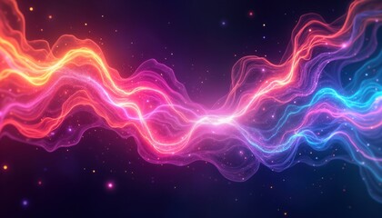 Poster - dynamic abstract illustration shows fluid neon plasma shapes flowing across dark background. intense