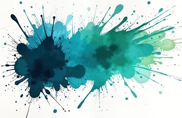 Poster - Abstract artistic illustration with vibrant blue, green paint splatter. Brush strokes create texture, dynamic look on white background. Intentional splatter effect gives lively visual appeal. Vivid