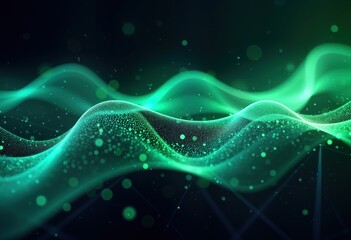 Leinwandbilder - Abstract digital graphic design. Dynamic glowing green, blue particles. Flowing waves with connecting lines, dots create futuristic cyberspace network. Stylish tech background ideal for presentation