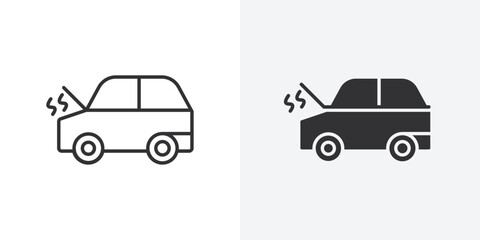 Poster - Broken car with open hood icon Outline vector sign