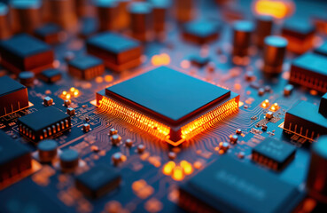 Poster - Advanced computer chip on motherboard. Modern tech. Intricate circuit board with glowing processor. Futuristic hardware. Artificial intelligence. High-tech image.
