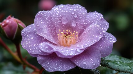 Wall Mural - Beautiful purple rose with delicate petals and droplets, symbolizing womens strength on March 8th