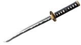 Sharp Samurai Sword: A gleaming, finely crafted katana, a traditional Japanese sword, showcases its sleek, curved blade and intricate details of its black scabbard.