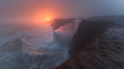 Wall Mural - Dramatic sunset over cliffs with crashing waves below