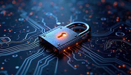 Poster - illuminated padlock on tech circuit board. digital security concept. modern tech security. strong pr