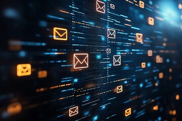 Poster - A digital abstract representation of communication. Featuring glowing email icons amidst a backdrop of dynamic blue and orange lines, symbolizing fast and efficient messaging.