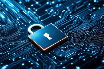 Poster - A close-up view of a digital padlock symbolizing cybersecurity, set against a vibrant circuit board background, representing data protection and secure information technology.