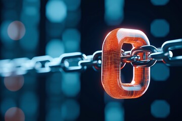 Poster - A close-up view of an orange lock securing a metal chain, highlighting the importance of security and protection in today's digital landscape. Creative abstract background.