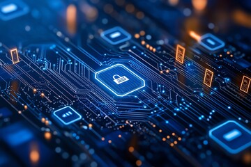 Aufkleber - A detailed close-up of a blue electronic circuit board with glowing icons, representing advanced technology and digital security