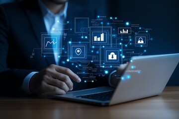 Poster - A professional man interacts with a laptop, surrounded by digital data visualizations. This image represents modern technology, data analytics, and business intelligence.