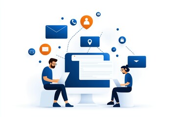 Aufkleber - Two individuals engaging with digital communication tools, illustrating modern online collaboration and connectivity in a workspace setting, for technology and business themes.