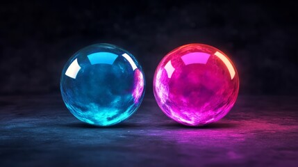 Poster - Colorful Light Reflections in Transparent Spheres Displaying Blue and Pink Hues on a Dark Background, Perfect for Abstract and Modern Design Concepts