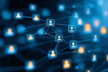 Poster - This image showcases a digital network of connected user icons, illustrating the concept of social connectivity and online interaction through technology and modern communication s