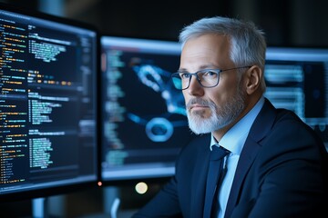 Aufkleber - A focused businessman working at a computer, analyzing data on dual monitors in a modern office. His thoughtful expression reflects deep concentration in a tech-driven environment.