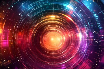 Poster - Abstract Circular Glowing Tunnel Digital Art Vibrant Red Orange Yellow Pink Purple Neon Light Technology Background Design Futuristic Illustration    