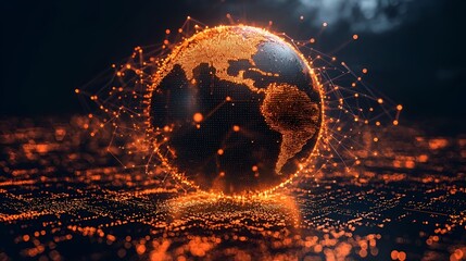 Global network connection, fiery earth, dark background, technology concept