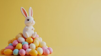 Wall Mural - Bunny figurine perched on a pile of vibrantly colored eggs on a soft yellow background