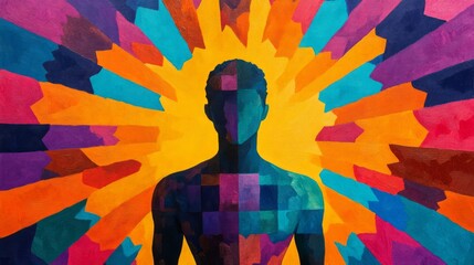 Poster - Abstract silhouette of a human figure surrounded by vibrant colors and geometric patterns, symbolizing energy, creativity, and personal transformation.