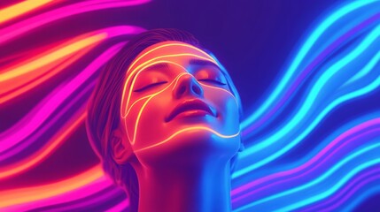 Poster - Stunning Portrait of a Serene Woman with Colorful Neon Light Patterns on Her Face Capturing the Essence of Modern Art and Futuristic Aesthetic in a Vibrant Surrounding