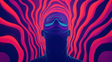 Poster - Abstract representation of a human silhouette with vibrant waves and flowing lines in shades of purple, pink, and blue, creating a sense of depth and enlightenment through color interplay.
