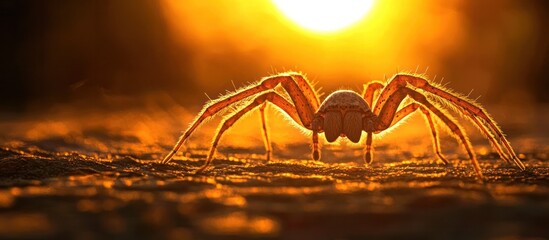 Wall Mural - Menacing spider with a glossy black carapace and sharp fangs lurking in the shadows of a dark spooky forest
