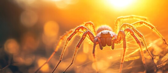Wall Mural - The glowing spider lurks in the warm evening light its eight legs and compound eyes casting an eerie ominous presence within the natural habitat  The arachnid s silhouette is backlit by the radiant