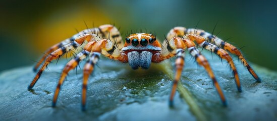 Wall Mural - Intense macro close up photograph showcasing the intense ferocious features of a spider crawling on a mossy wet surface  The spider s beady eyes hairy legs and sharp fangs are on full display