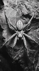Wall Mural - Intense arachnid predator with its fangs bared and body poised to attack captured in a dramatic moody black and white shot that highlights the creature s menacing presence and sinister nature